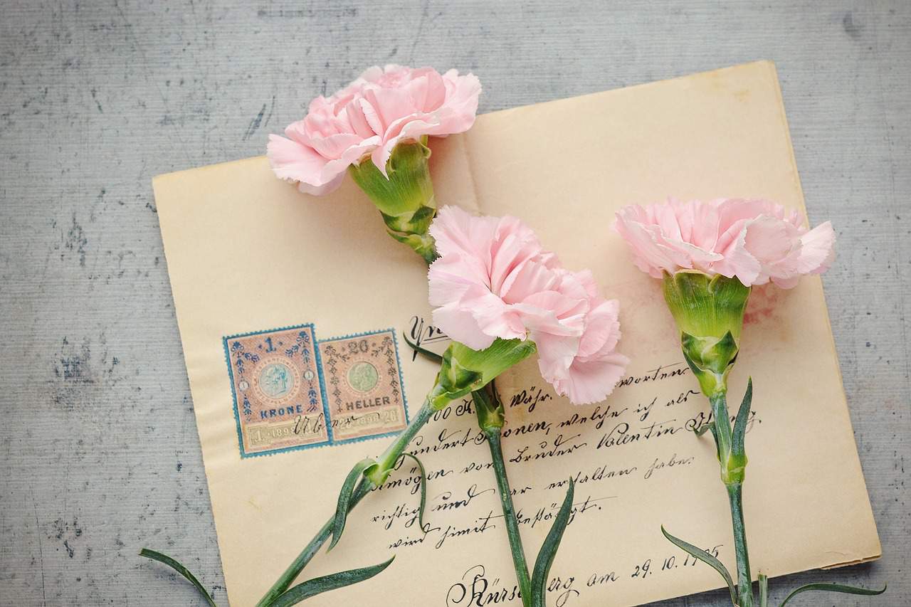open when letter ideas - photo of vintage envelope beneath pink carnations