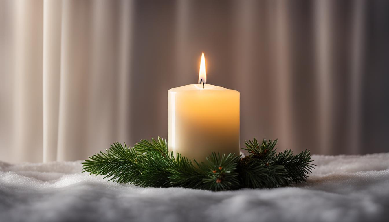 a single white pillar candle sits lit on a table, with a simple wreath of green around it